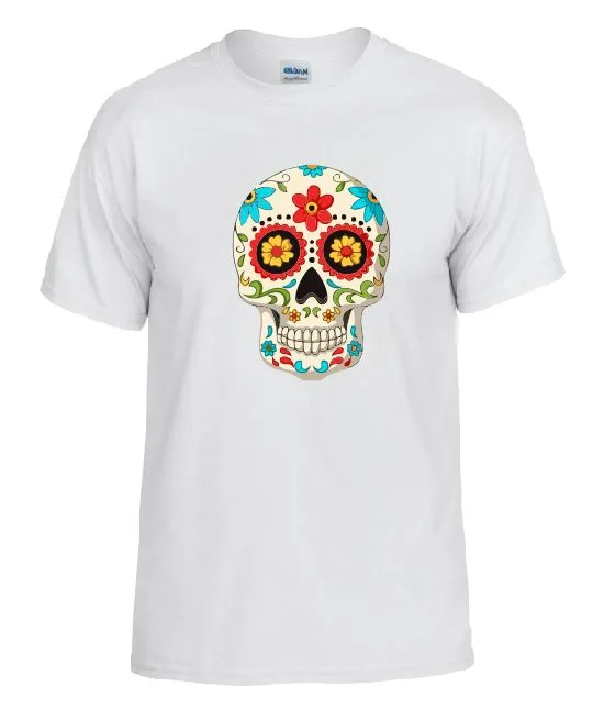 TS08 Flower Eyes Sugar Skull White TShirt Sand Dollar Sales Rings