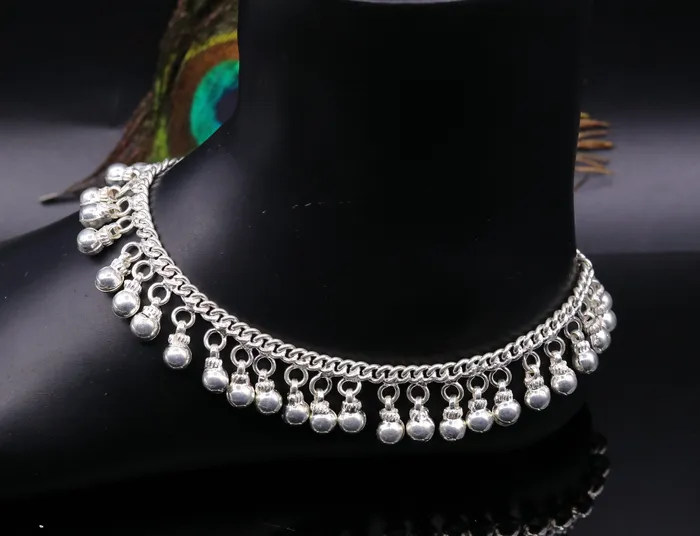 Vintage antique style sterling silver handmade solid chain ankle bracelet with amazing noisy jingle bells belly genuine jewelry ank12 TRIBAL ORNAMENTS Bracelets