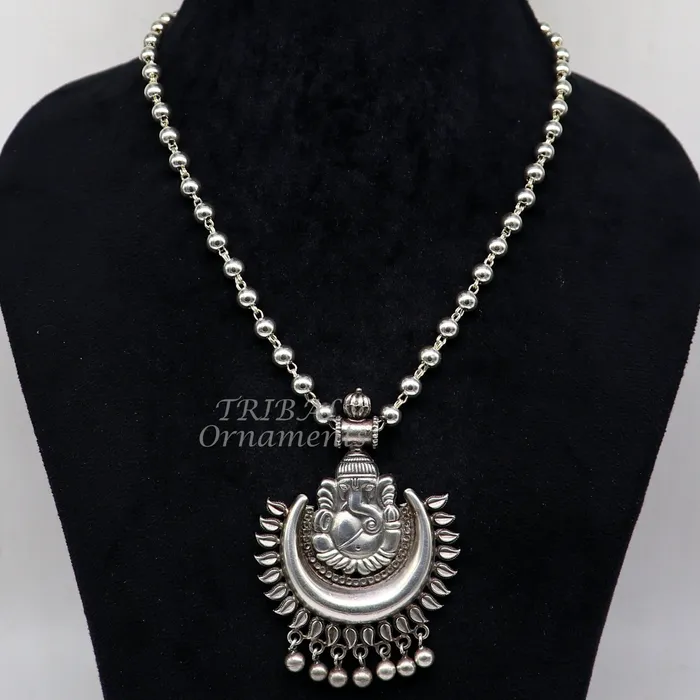 Vintage Indian traditional cultural style trendy 925 sterling silver plain 6mm beaded customized Ganesha long necklace tribal jewelry set545 TRIBAL ORNAMENTS Necklaces Vintage Indian traditional cultural style trendy 925 sterling silver plain 6mm beaded customized Ganesha long necklace tribal jewelry set545 TRIBAL ORNAMENTS Necklaces