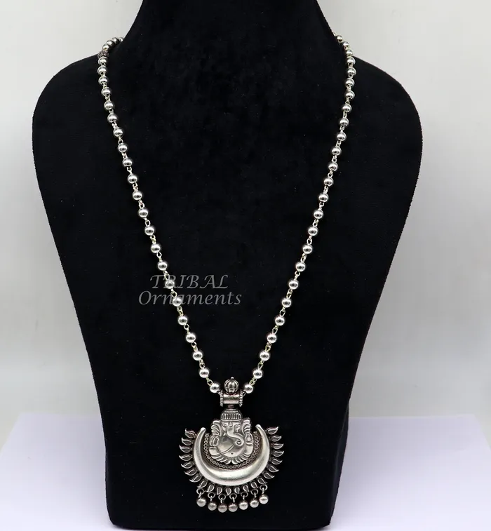 Vintage Indian traditional cultural style trendy 925 sterling silver plain 6mm beaded customized Ganesha long necklace tribal jewelry set545 TRIBAL ORNAMENTS Necklaces Vintage Indian traditional cultural style trendy 925 sterling silver plain 6mm beaded customized Ganesha long necklace tribal jewelry set545 TRIBAL ORNAMENTS Necklaces