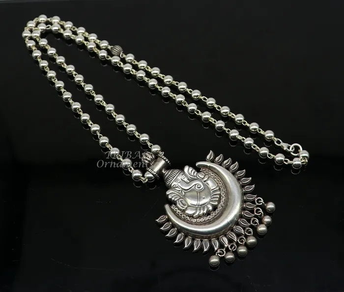 Vintage Indian traditional cultural style trendy 925 sterling silver plain 6mm beaded customized Ganesha long necklace tribal jewelry set545 TRIBAL ORNAMENTS Necklaces Vintage Indian traditional cultural style trendy 925 sterling silver plain 6mm beaded customized Ganesha long necklace tribal jewelry set545 TRIBAL ORNAMENTS Necklaces