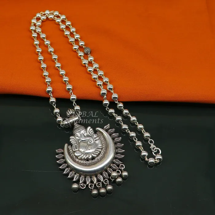 Vintage Indian traditional cultural style trendy 925 sterling silver plain 6mm beaded customized Ganesha long necklace tribal jewelry set545 TRIBAL ORNAMENTS Necklaces Vintage Indian traditional cultural style trendy 925 sterling silver plain 6mm beaded customized Ganesha long necklace tribal jewelry set545 TRIBAL ORNAMENTS Necklaces