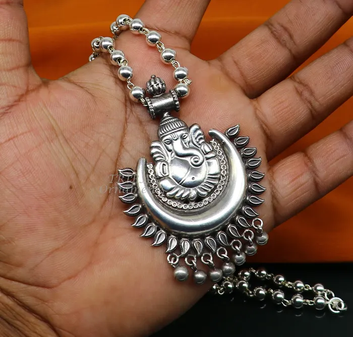 Vintage Indian traditional cultural style trendy 925 sterling silver plain 6mm beaded customized Ganesha long necklace tribal jewelry set545 TRIBAL ORNAMENTS Necklaces Vintage Indian traditional cultural style trendy 925 sterling silver plain 6mm beaded customized Ganesha long necklace tribal jewelry set545 TRIBAL ORNAMENTS Necklaces