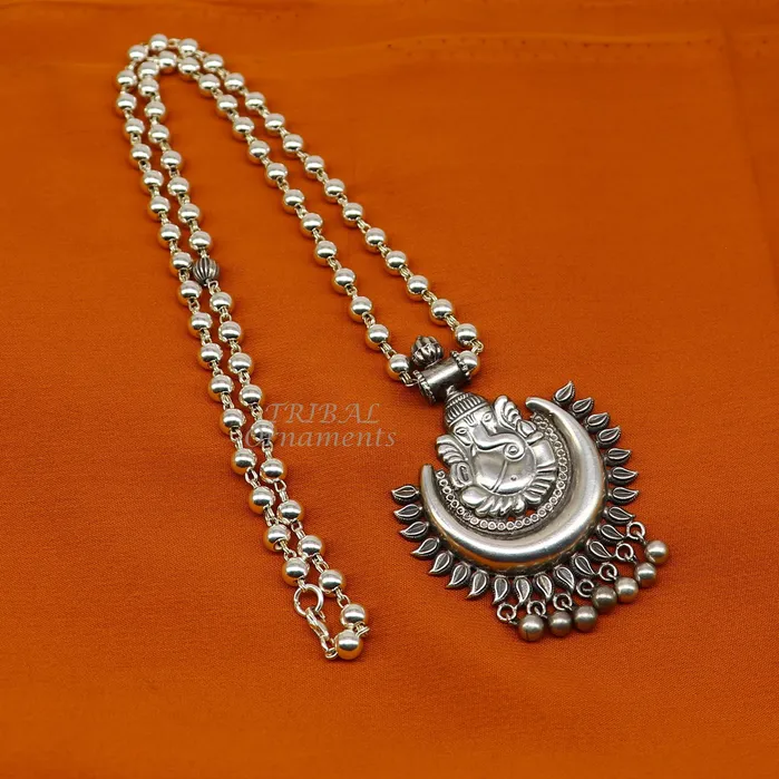 Vintage Indian traditional cultural style trendy 925 sterling silver plain 6mm beaded customized Ganesha long necklace tribal jewelry set545 TRIBAL ORNAMENTS Necklaces Vintage Indian traditional cultural style trendy 925 sterling silver plain 6mm beaded customized Ganesha long necklace tribal jewelry set545 TRIBAL ORNAMENTS Necklaces