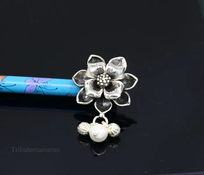 Vintage style 925 sterling silver handmade rose flower design hair jewelry with wooden stick and pearl best brides jewelry collection hc12 TRIBAL ORNAMENTS Necklaces