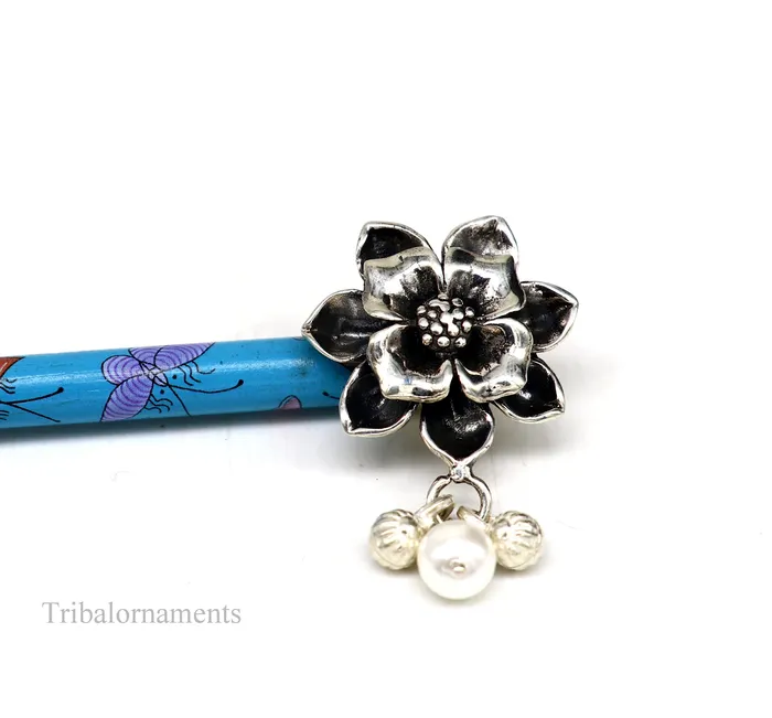 Vintage style 925 sterling silver handmade rose flower design hair jewelry with wooden stick and pearl best brides jewelry collection hc12 TRIBAL ORNAMENTS Necklaces