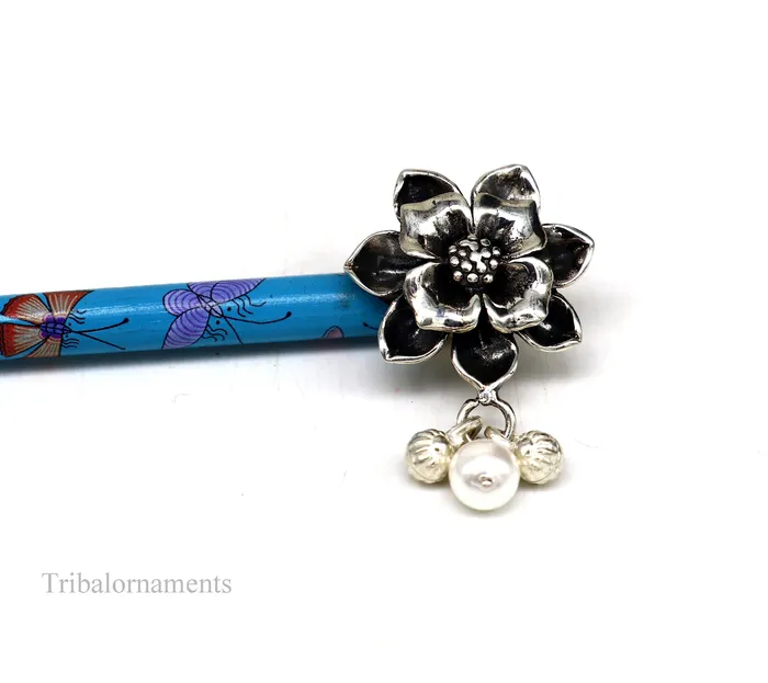 Vintage style 925 sterling silver handmade rose flower design hair jewelry with wooden stick and pearl best brides jewelry collection hc12 TRIBAL ORNAMENTS Necklaces