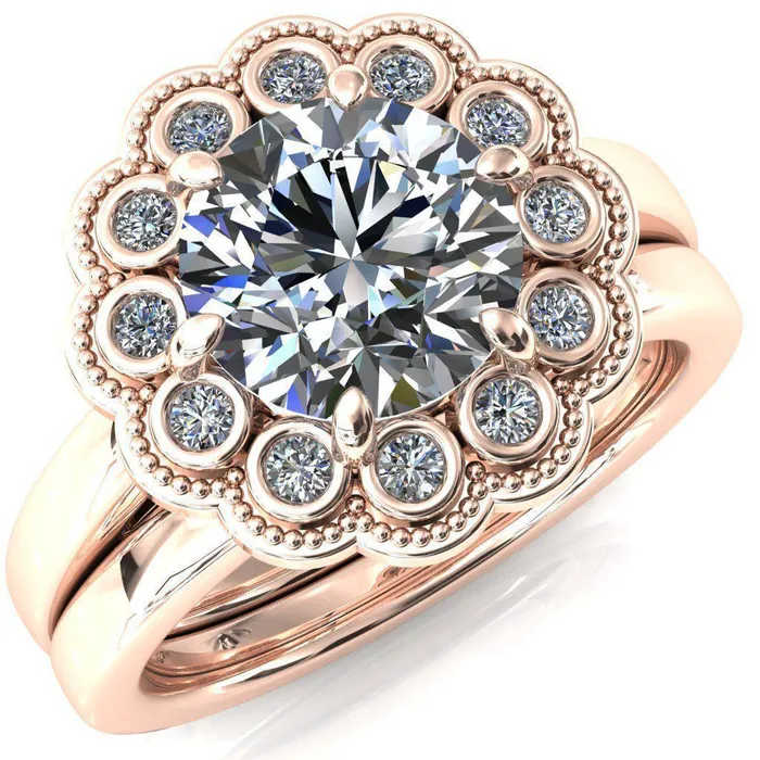 Zinnia Round Center Stone 6 Prongs Milgrain Halo Accent Diamonds Ring Fire Brilliance Rings