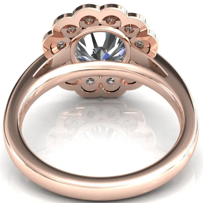 Zinnia Round Center Stone 6 Prongs Milgrain Halo Accent Diamonds Ring Fire Brilliance Rings