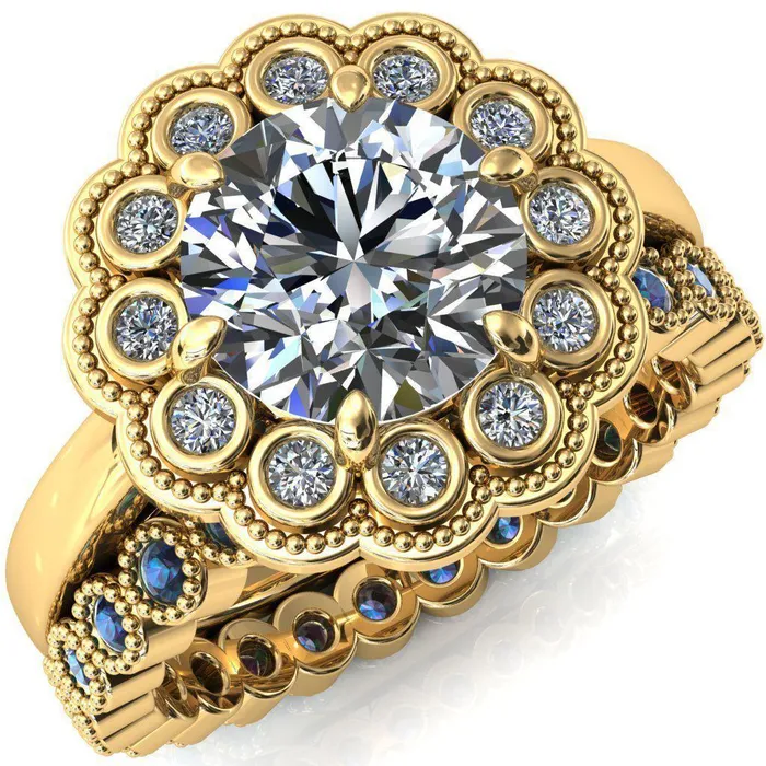 Zinnia Round Center Stone 6 Prongs Milgrain Halo Accent Diamonds Ring Fire Brilliance Rings